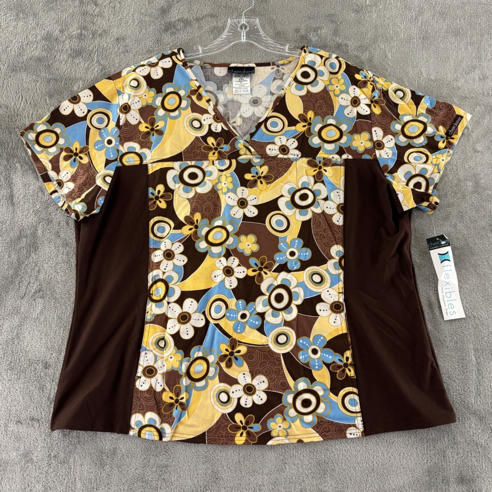 Cherokee Flexibles Floral Scrub Top Womens 2XL Brown Stretch Side Panels‎ V Neck